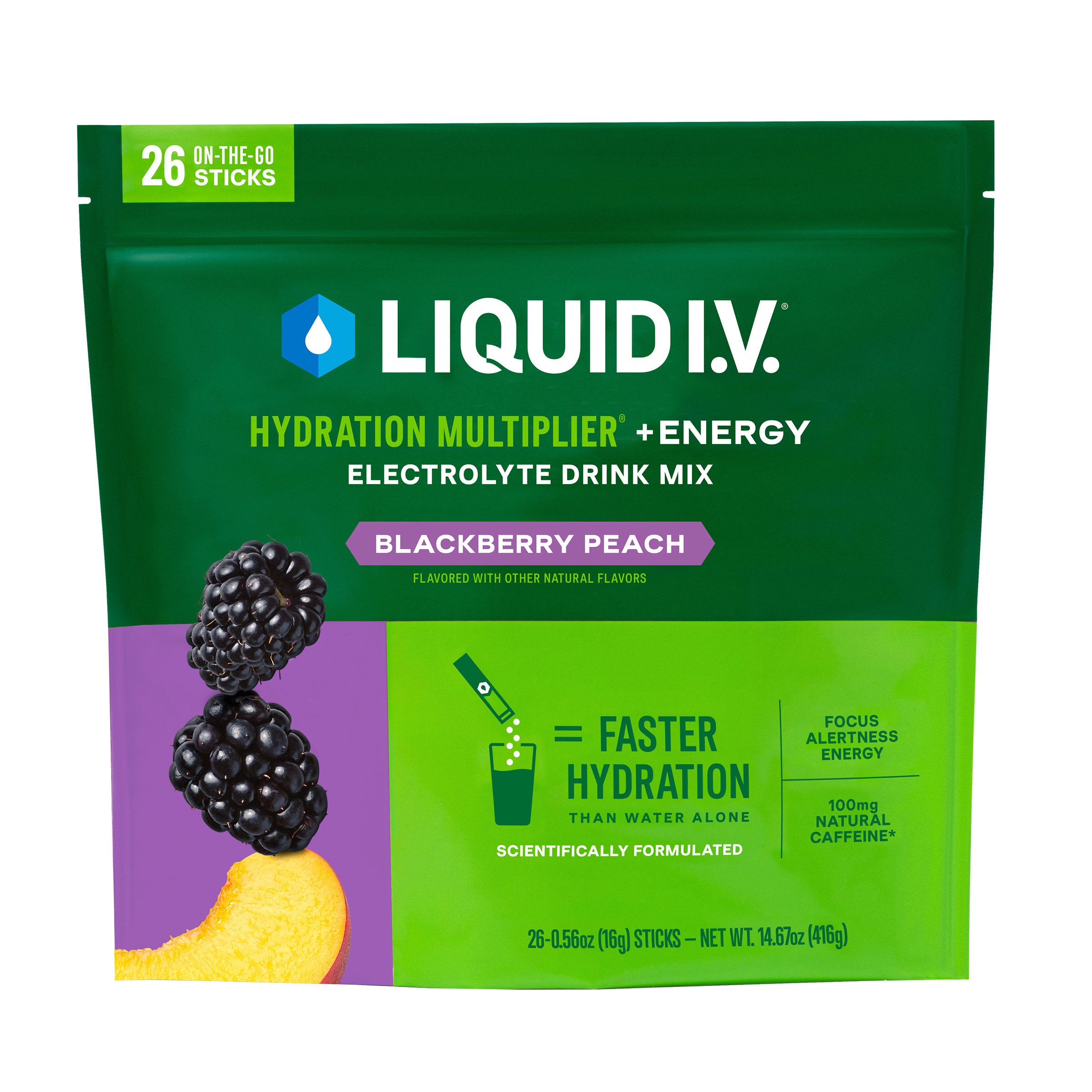 Liquid I.V. Energy Multiplier, 26 Individual Serving Stick Packs in Resealable Pouch, Blackberry Peach