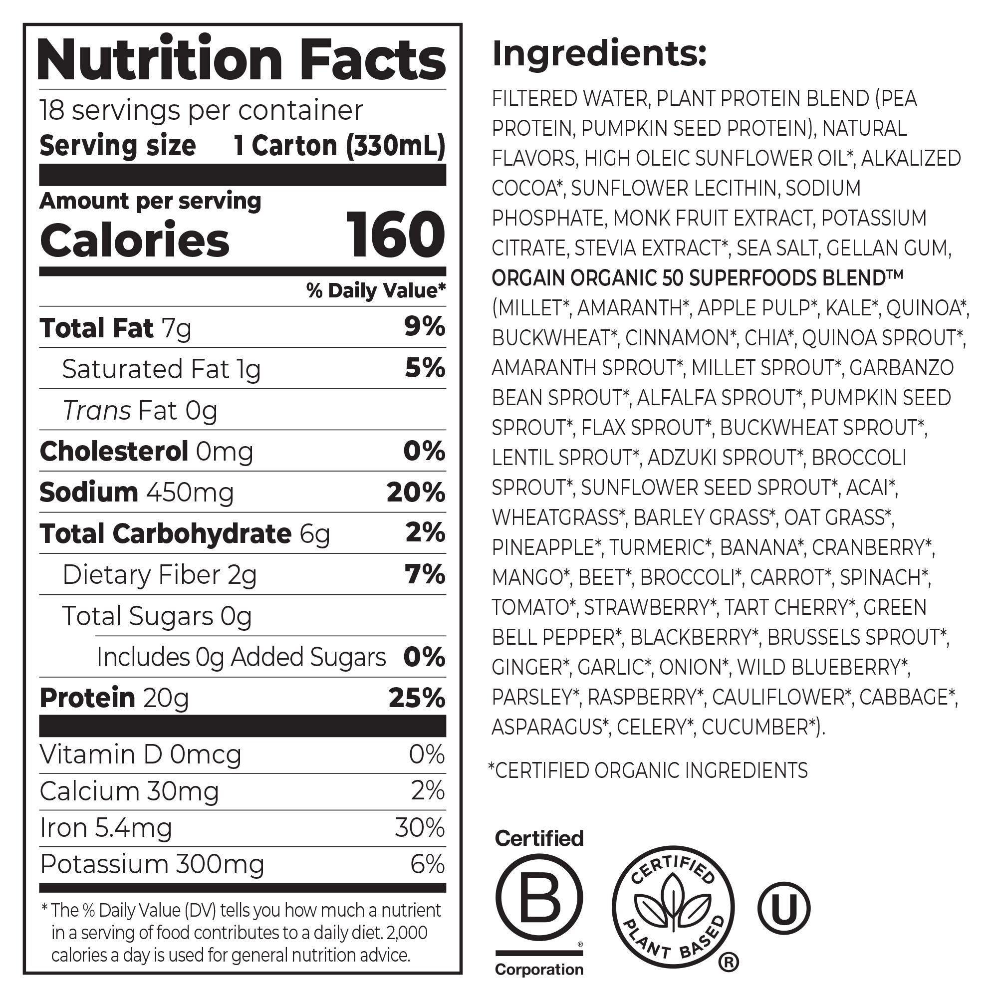 Orgain Plant-Based Protein Shake Creamy Chocolate, 18-pack