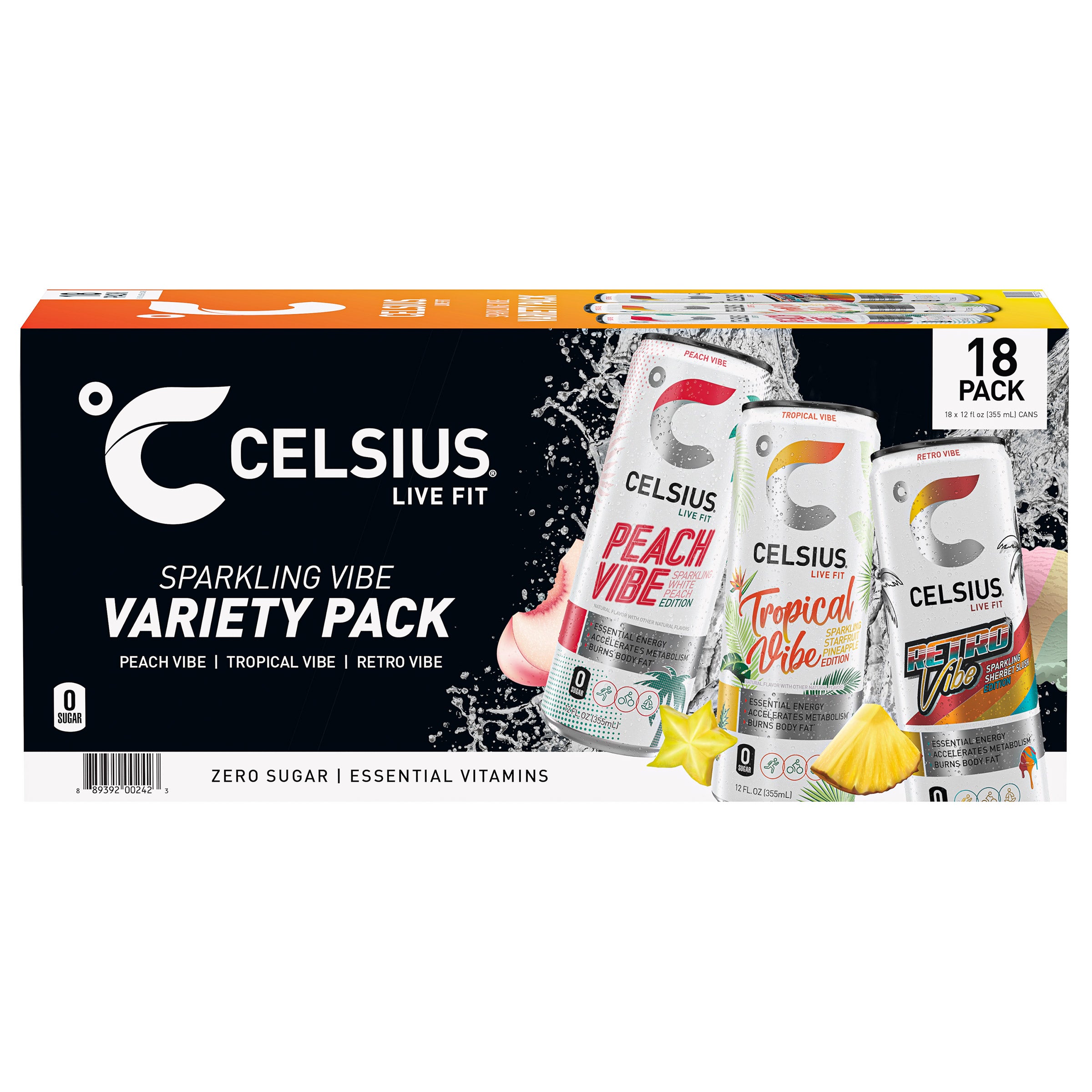 Celsius Sparkling Vibe Energy Drink, Variety Pack, 12 fl oz, 18-count