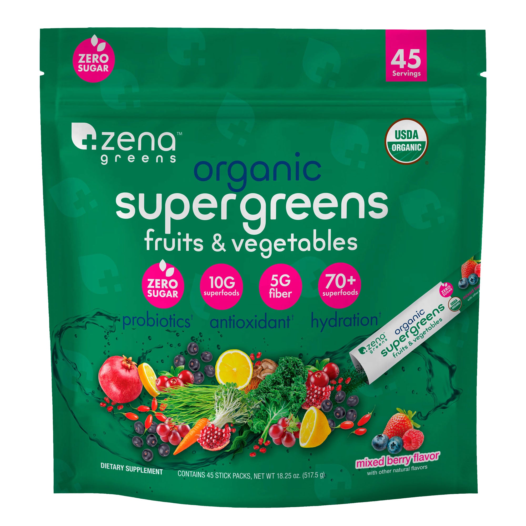 Zena USDA Organic Supergreens Fruits & Vegetables Powder, 45 Stick Packets