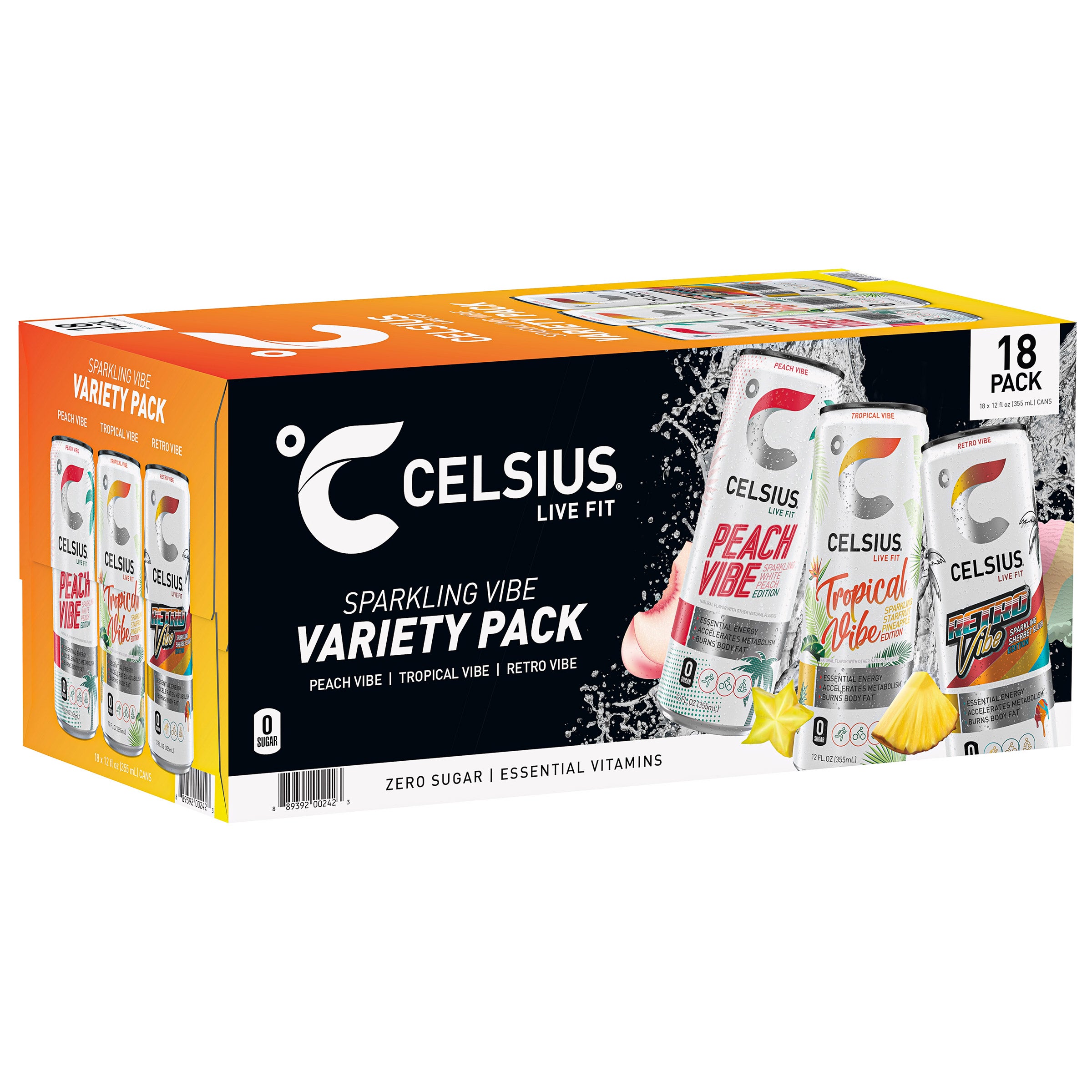 Celsius Sparkling Vibe Energy Drink, Variety Pack, 12 fl oz, 18-count