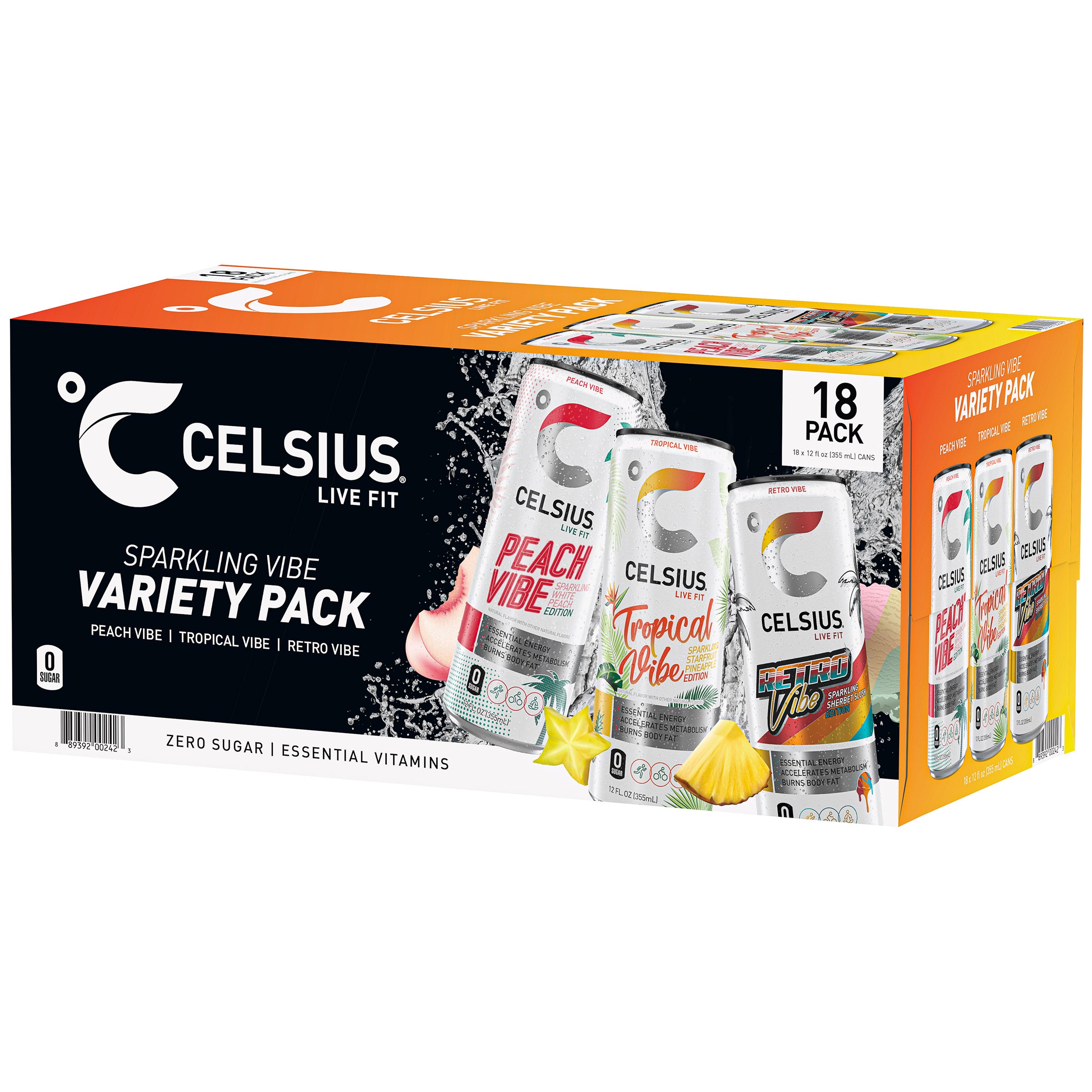 Celsius Sparkling Vibe Energy Drink, Variety Pack, 12 fl oz, 18-count