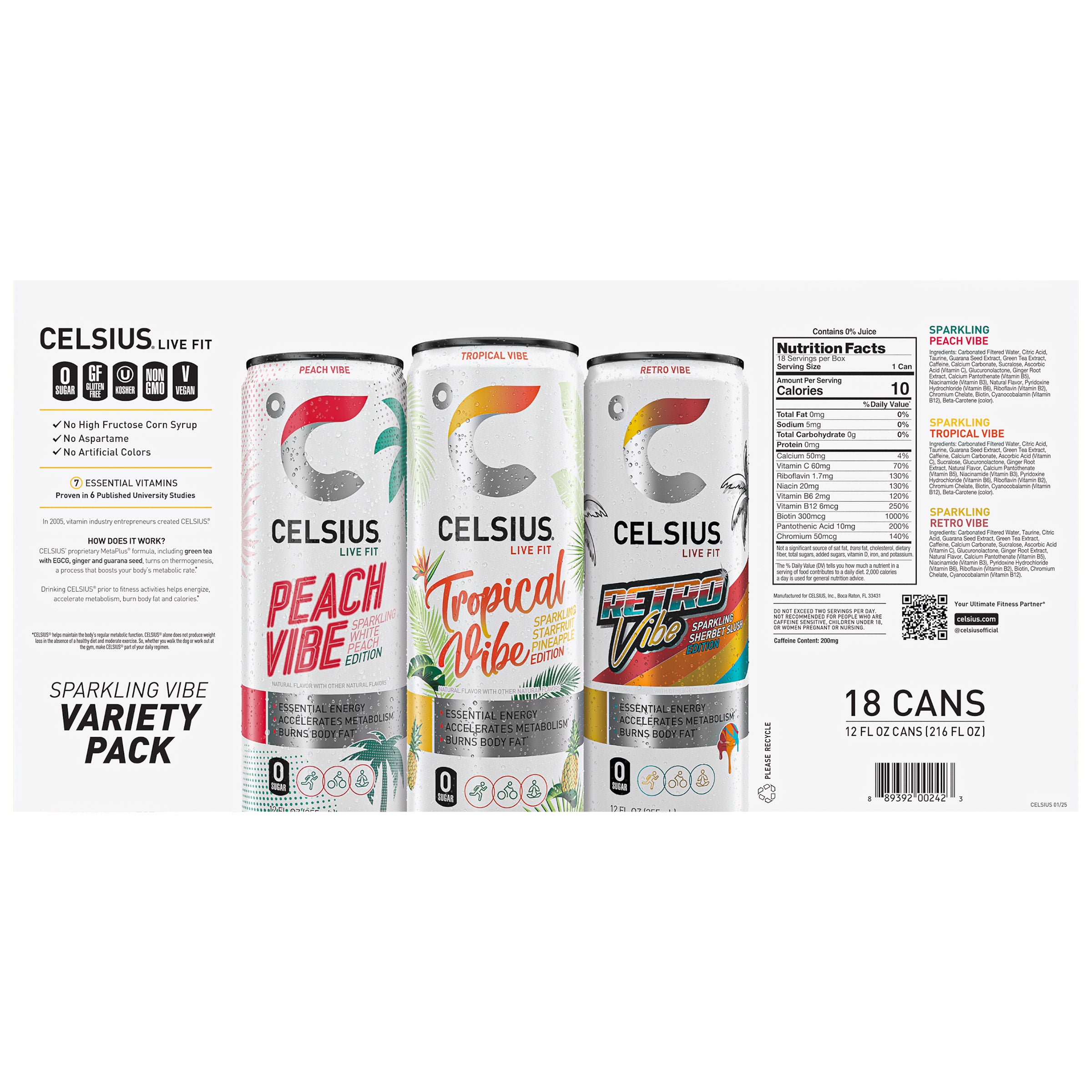 Celsius Sparkling Vibe Energy Drink, Variety Pack, 12 fl oz, 18-count