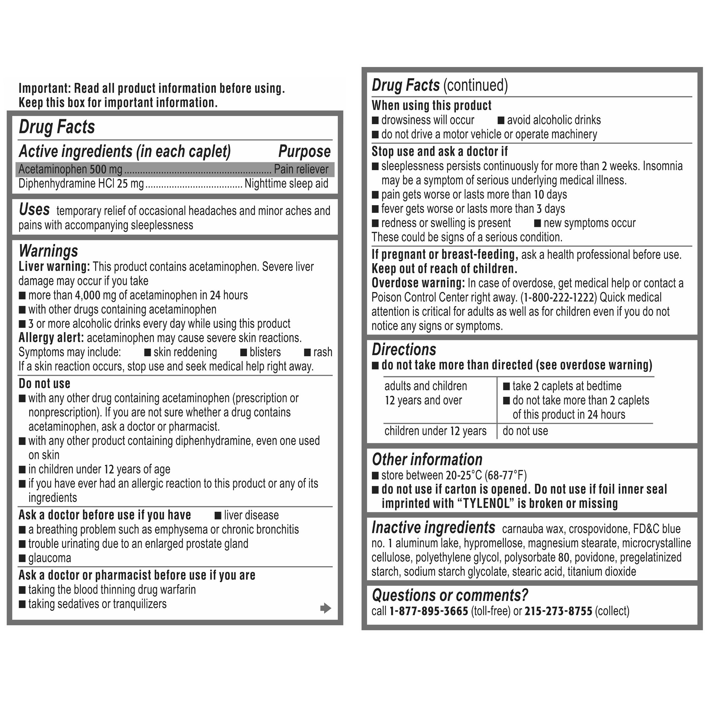 Tylenol PM Extra Strength Acetaminophen 500 mg Pain Reliever & Sleep Aid, 225 Caplets