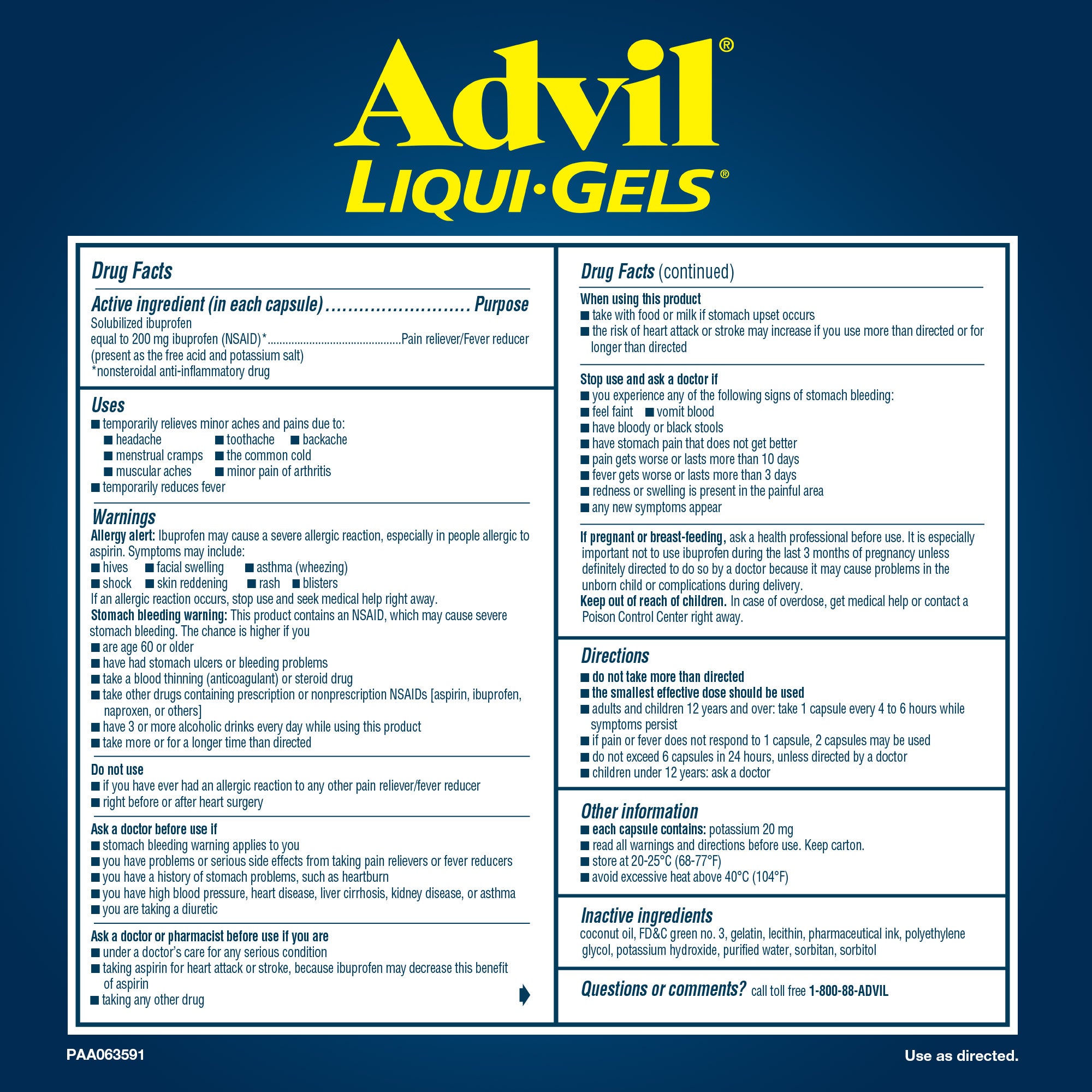 Advil Liqui-Gels Ibuprofen 200 mg. Pain Reliever/Fever Reducer, 240 Capsules