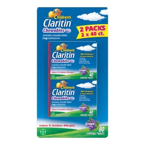 Claritin Children's Chewable 5 mg. 24 Hour Non-Drowsy, 80 Grape Chewable Tablets