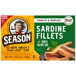 Season Sardine Fillets In 100% Olive Oil, Wild Caught, Skinless & Boneless, 4.375 oz, 6-Count