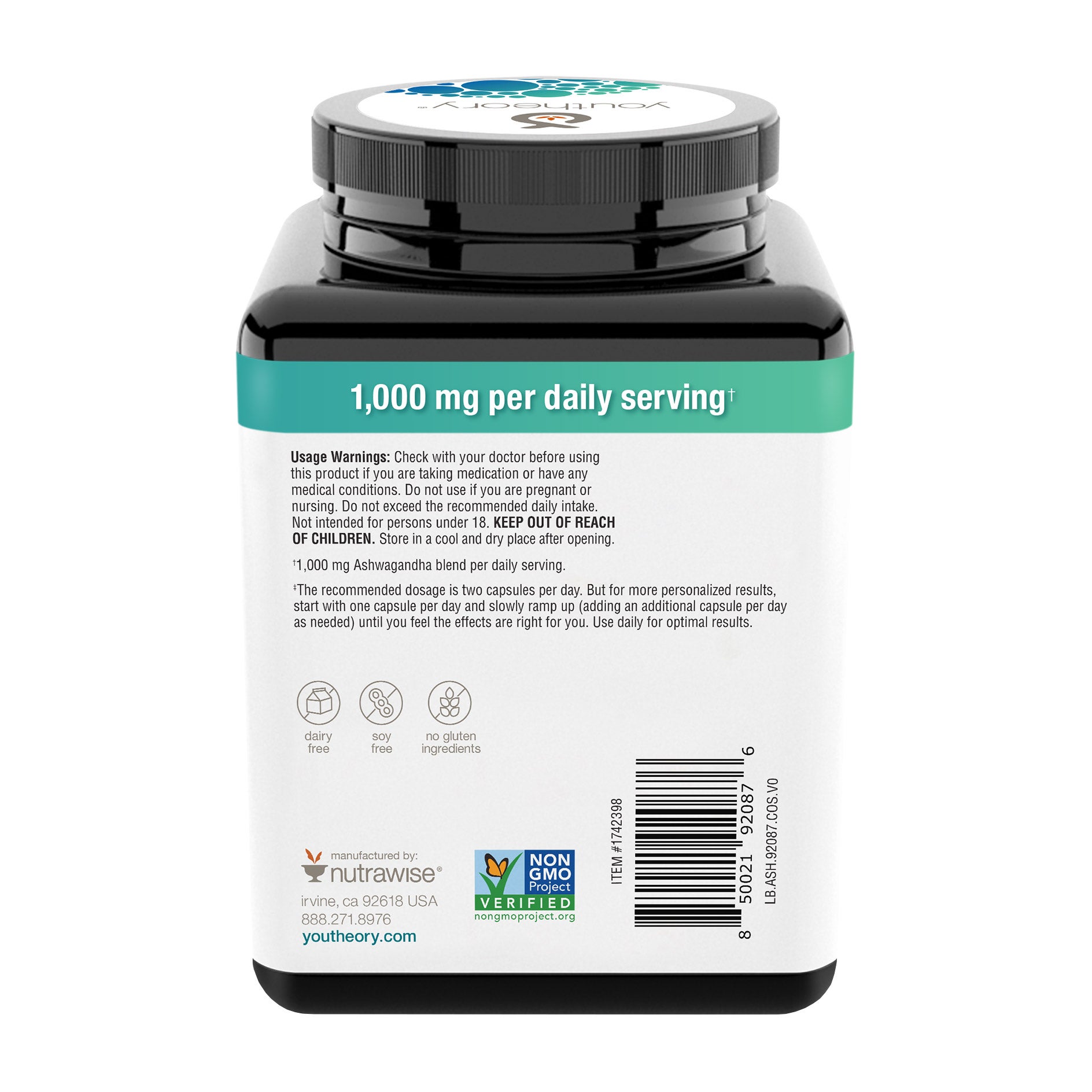 youtheory Ashwagandha 1000 mg, 180 Vegetarian Capsules